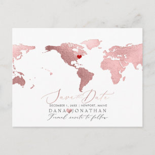 Rose Gold Map, Any Destination Save the Date Postcard