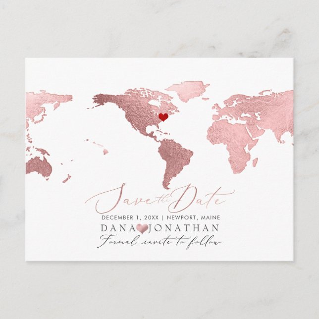 Rose Gold Map, Any Destination Save the Date Postcard (Front)
