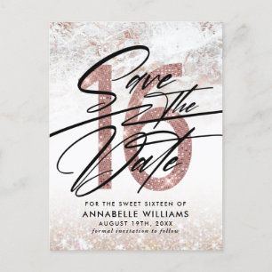 Rose Gold Marble 16th Birthday Party Save The Date Postcard