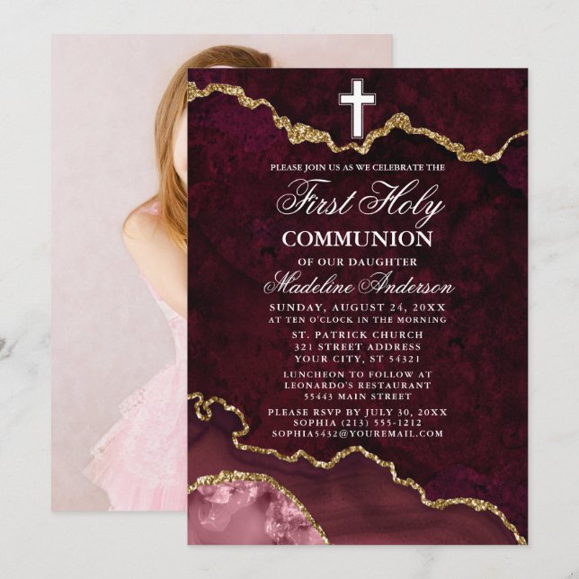 Rose Gold Marble Agate Geode Photo First Communion Invitation (Front/Back)