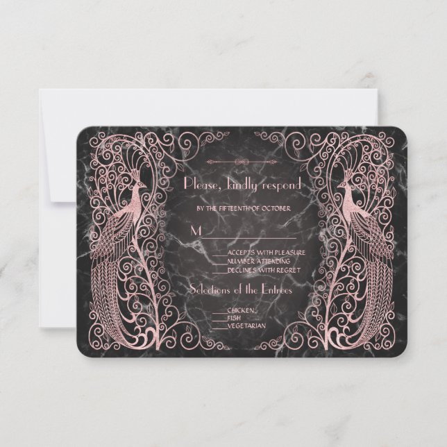 Rose Gold Marble Art Deco Peacocks RSVP Card (Front)