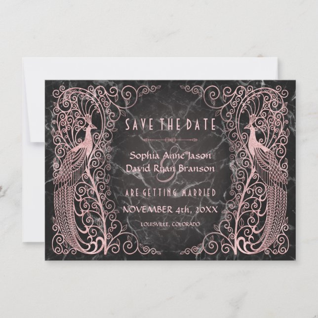 Rose Gold Marble Art Deco Peacocks Save The Date (Front)