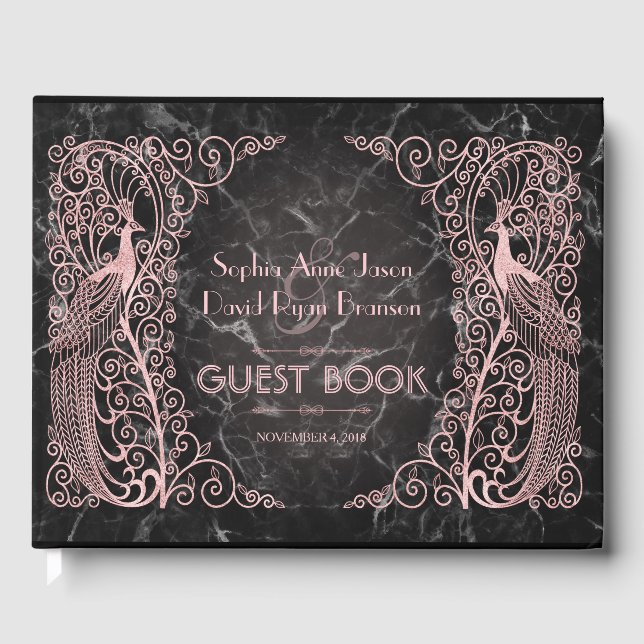 Rose Gold Marble Art Deco Peacocks Wedding Guest Book (Front)