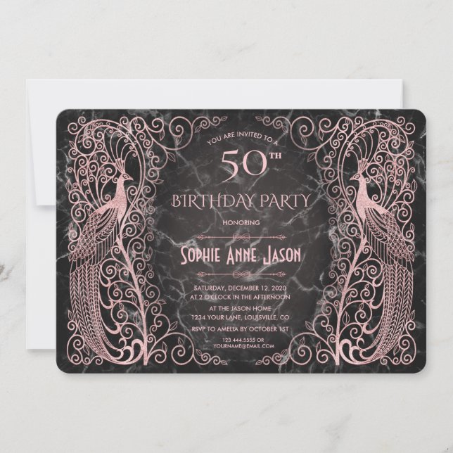 Rose Gold Marble Art Peacocks 50th Birthday Party Invitation (Front)