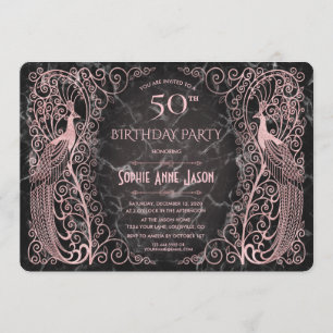 Rose Gold Marble Art Peacocks 50th Birthday Party Invitation