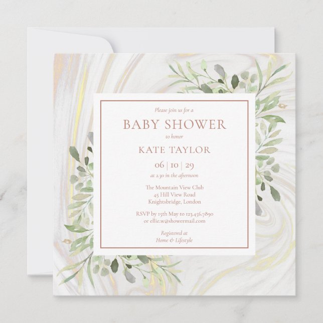 Rose Gold Marble Baby Shower | Sprinkle Greenery Invitation (Front)
