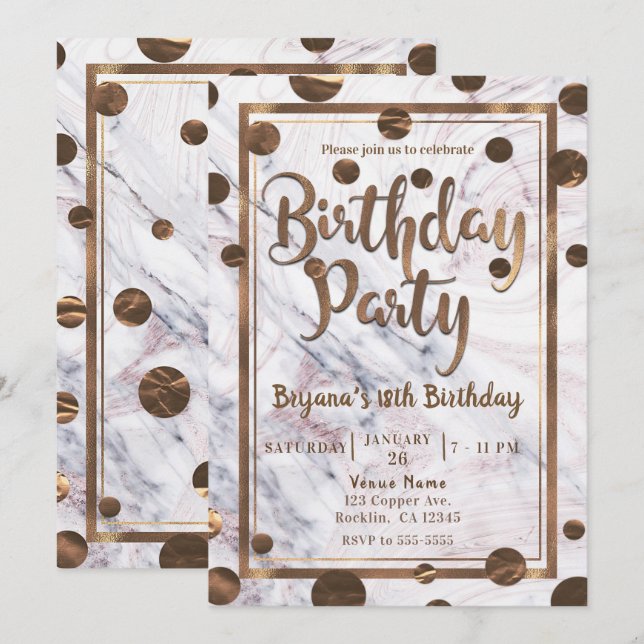 Rose Gold Marble Bronze Copper Birthday Party Invitation (Front/Back)