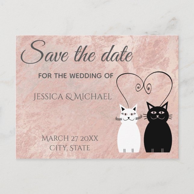 Rose gold marble cartoon cats save the date announcement postcard (Front)
