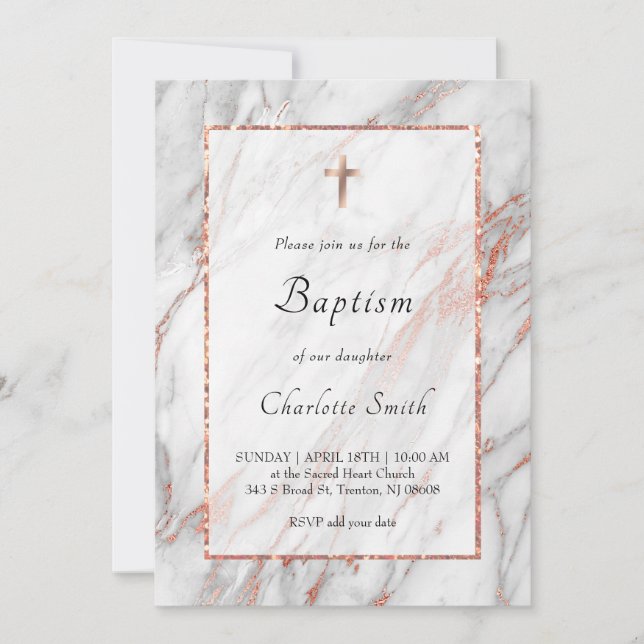 rose gold marble catholic Baptism Invitation (Front)