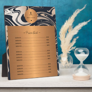 Rose gold marble copper hair salon services list plaque