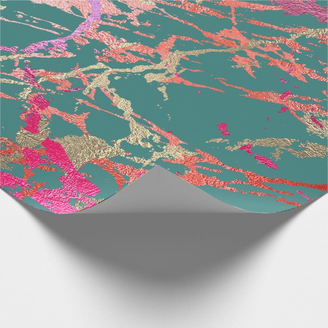 Rose Gold Marble Coral Teal Bright Pink Abstract Wrapping Paper (Corner)
