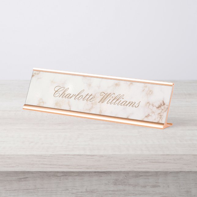 Rose gold marble elegant script desk name plate (Front)