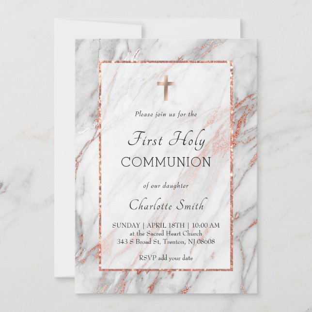 rose gold marble First Holy Communion Invitation (Front)