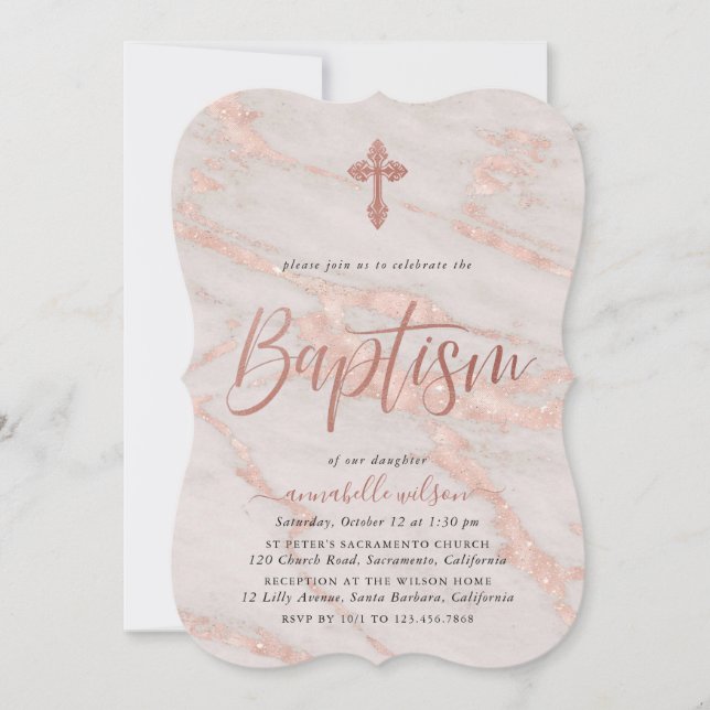 Rose Gold Marble Girl Baptism Invitation (Front)