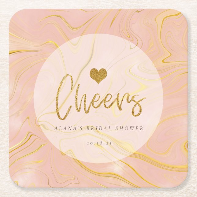 Rose Gold Marble Glitter Bridal Shower Square Paper Coaster (Front)