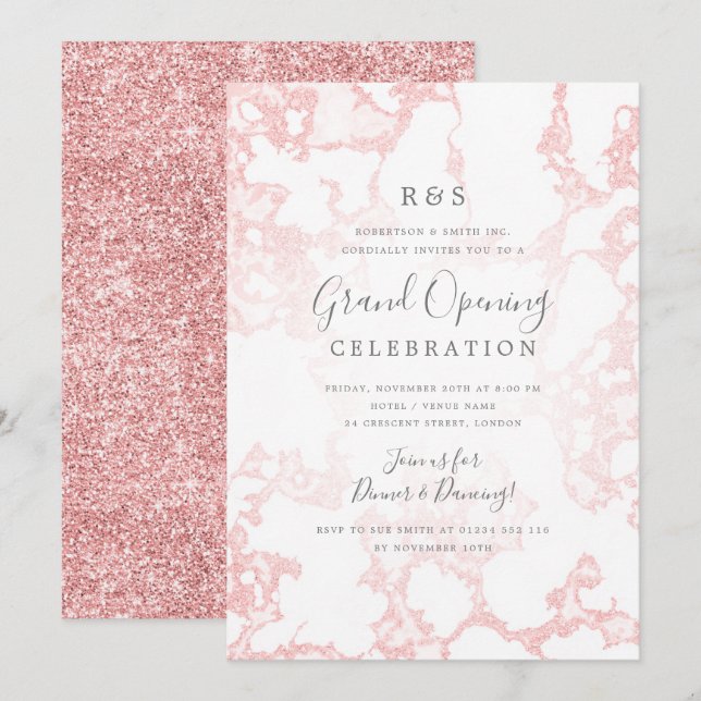Rose Gold Marble Glitter Corporate Grand Opening  Invitation (Front/Back)