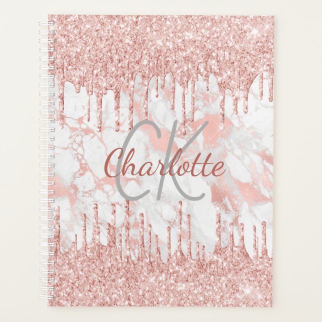 Rose gold marble glitter drips monogram name planner (Front)