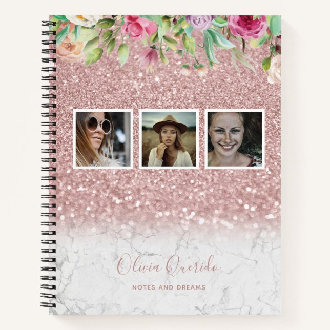 Rose Gold Marble Glitter Floral Name Photo Collage Notebook (Front)