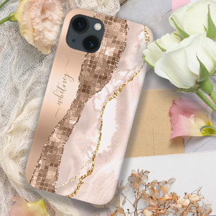 Rose Gold Marble Glitter Girly Monogram iPhone 13 Case