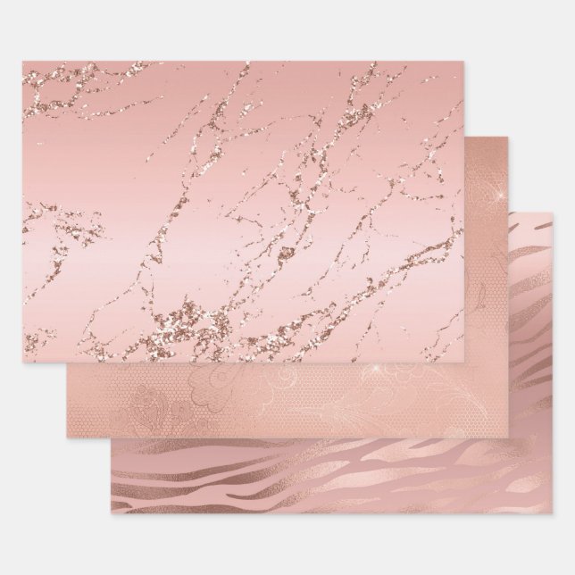 Rose Gold Marble Glitzy Glitter Wedding Wrapping Paper Sheet (Set)