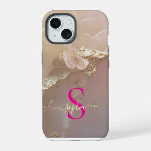 Rose gold marble gold glitter monogram iPhone 15 case