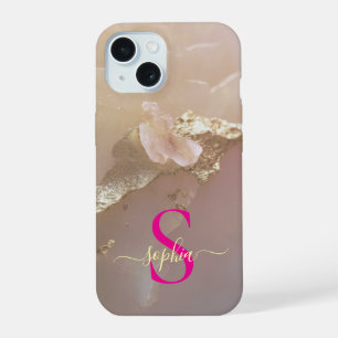 Rose gold marble gold glitter monogram iPhone 15 case