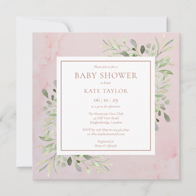Rose Gold Marble Greenery Baby Shower | Sprinkle Invitation (Front)