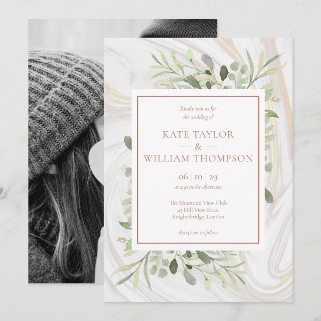 Rose Gold Marble Greenery Photo Wedding Invitation (Front/Back)