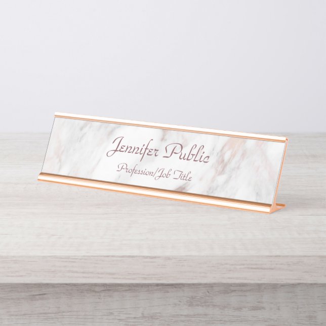Rose Gold Marble Handwritten Script Elegant Modern Desk Name Plate (Front)