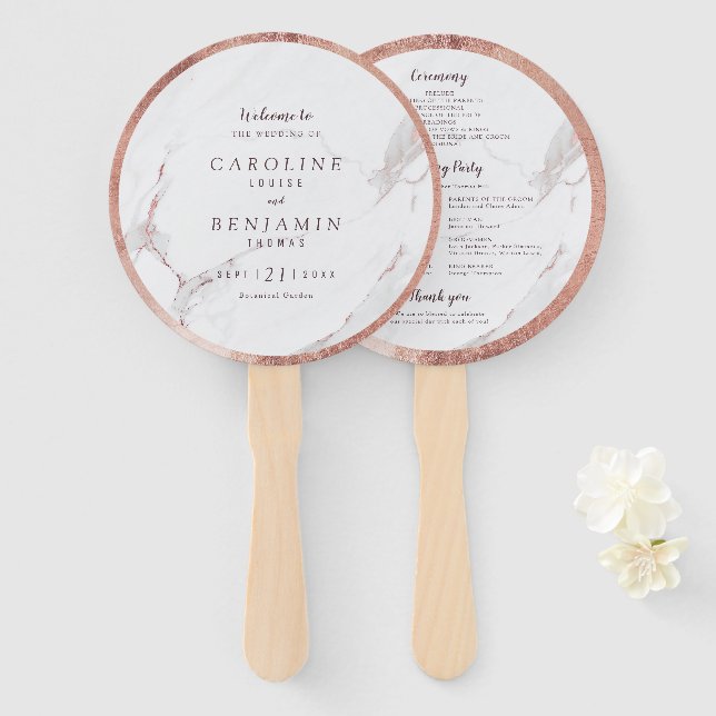 Rose gold marble luxury modern wedding program hand fan (Front and Back)