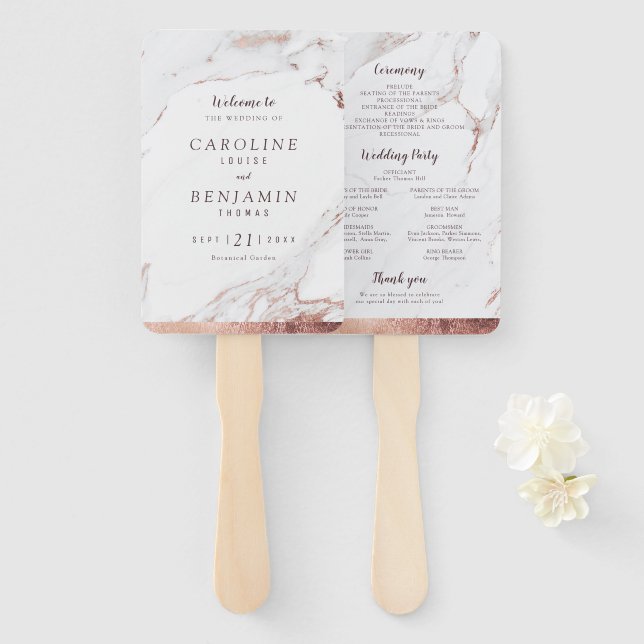 Rose gold marble luxury modern wedding program hand fan (Front and Back)