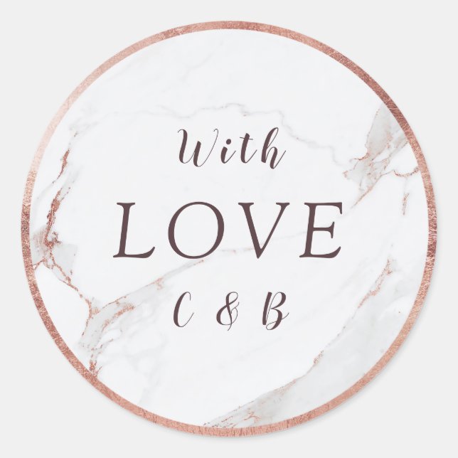 Rose gold marble modern wedding love monogram classic round sticker (Front)
