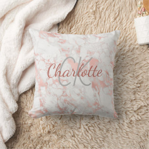 Rose gold marble monogram name elegant cushion
