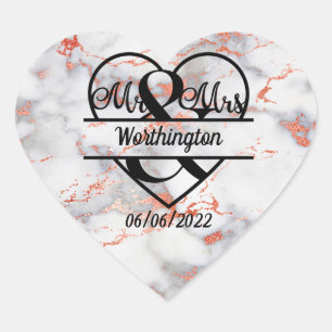 Rose Gold Marble Mr. and Mrs. Heart Wedding  Heart Sticker