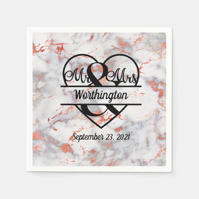Rose Gold Marble Mr. and Mrs. Heart Wedding Napkin (Front)