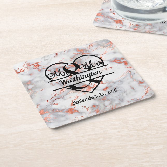 Rose Gold Marble Mr. and Mrs. Heart Wedding  Square Paper Coaster (Angled)