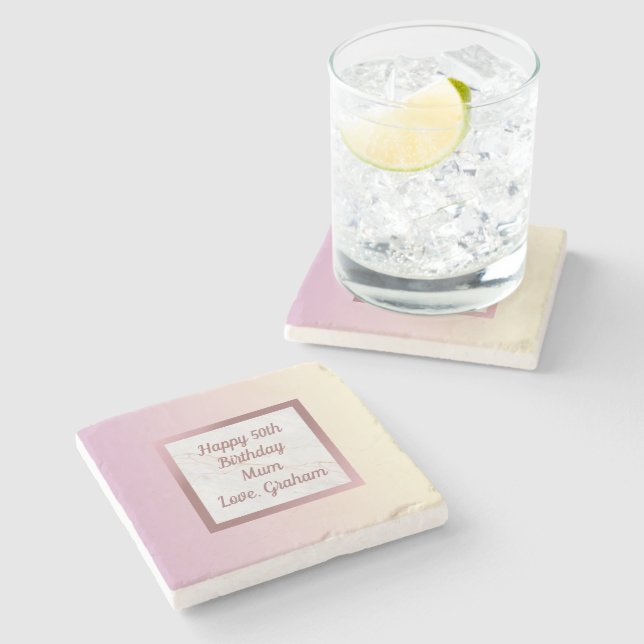 Rose Gold Marble Pink Gradient with Text Stone Coaster (Side)