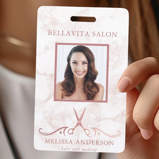 Rose Gold Marble Scissors Photo Hair Stylist ID Badge (Creator Uploaded)