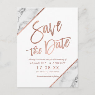 Rose gold marble script white save the date announcement postcard