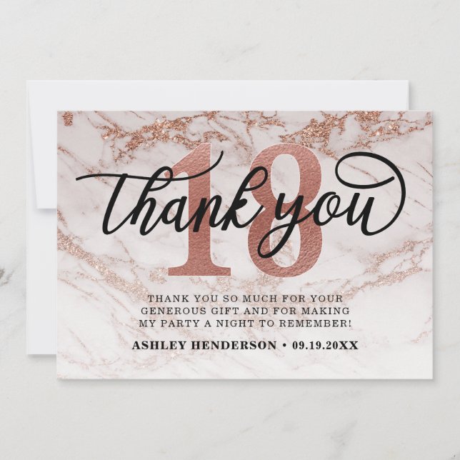 Rose Gold Marble Sweet 18 Birthday Thank You Card (Front)