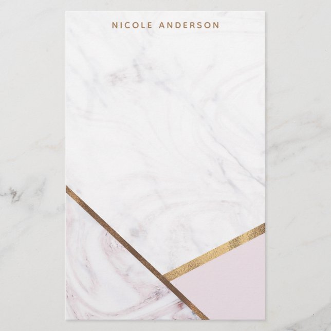 Rose Gold Marble Swirl & Blush Pink Bronze Glam Stationery (Front)