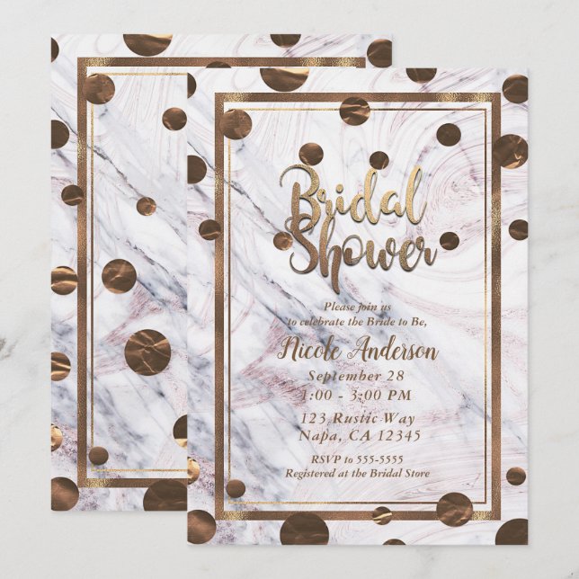 Rose Gold Marble Swirl Bronze Copper Bridal Shower Invitation (Front/Back)