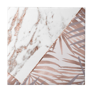 Rose gold marble & tropical ferns tile