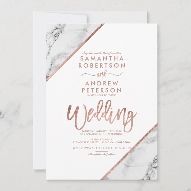 Rose gold marble typography white wedding invitation (Front)
