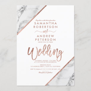 Rose gold marble typography white wedding invitation