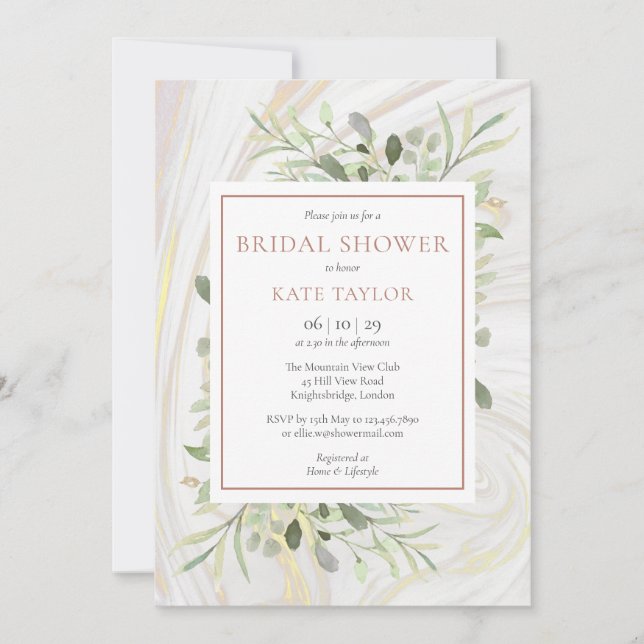 Rose Gold Marble Watercolor Greenery Bridal Shower Invitation (Front)