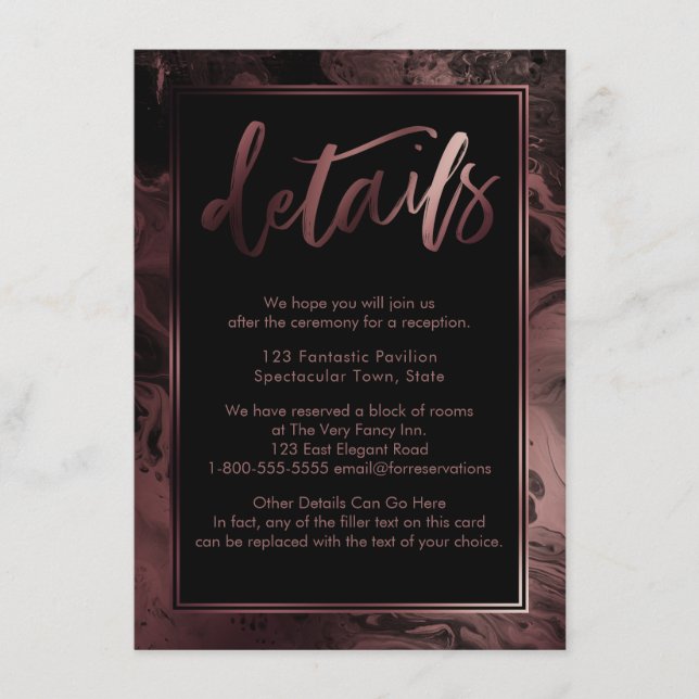 Rose Gold Marble Wedding Details Over Black Enclosure Card (Front)