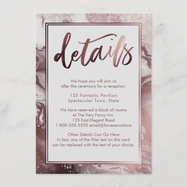 Rose Gold Marble Wedding Details Over Light Grey Enclosure Card (Front)