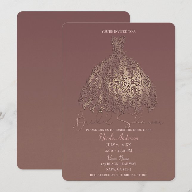 Rose Gold Mauve Botanical Leaf Dress Bridal Shower Invitation (Front/Back)