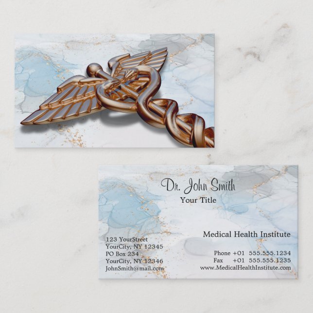 Rose Gold Medical Caduceus Copper Luxury Marble Business Card (Front/Back)
